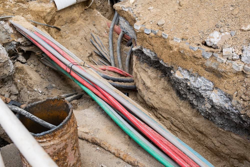 Various electrical cables dug out from the ground on the street laying underground during construction on site